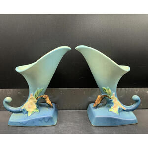 Vintage Blue Roseville Apple Blossom Cornucopia Vase  #321-6"